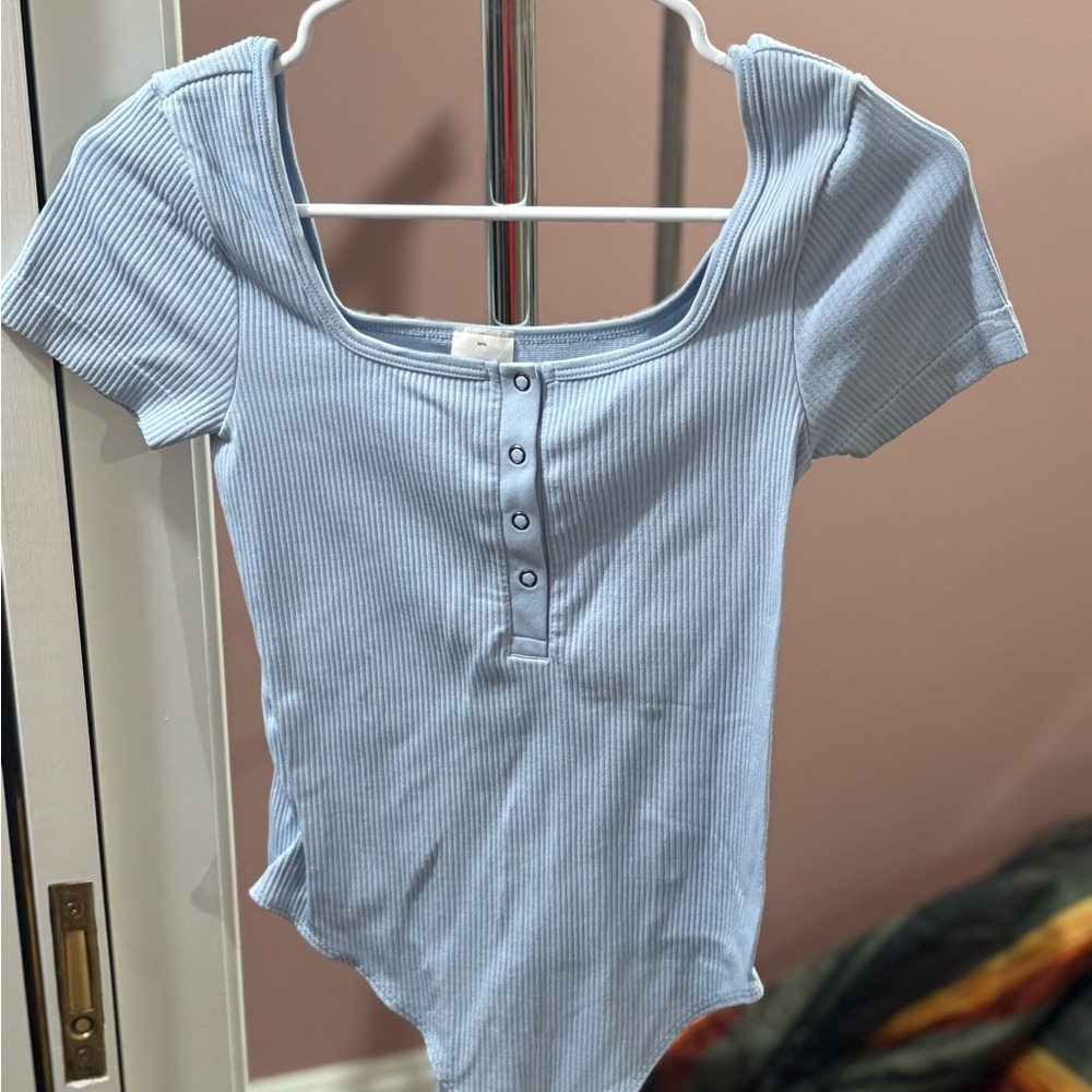 SO Sky Blue Ribbed Bodysuit with Buttons